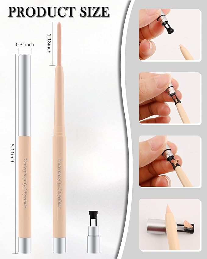 Nude Waterline Eyeliner Pencil, Cream Gel Eyeliner Waterline Waterproof Smudge-Proof Long-Wearing, Intense Color, Retractable Eye Liner Brightener Pen with Sharpener, Smooth Eye Makeup for women-2Pcs