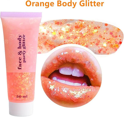 Go Ho Orange Face Body Glitter,Eye Black Sparkle Orange Face Paint Glitter Makeup,Holographic Chunky Sequins Glitters Gel for Eye Lip Hair Nails,Festival Rave Accessories,52g