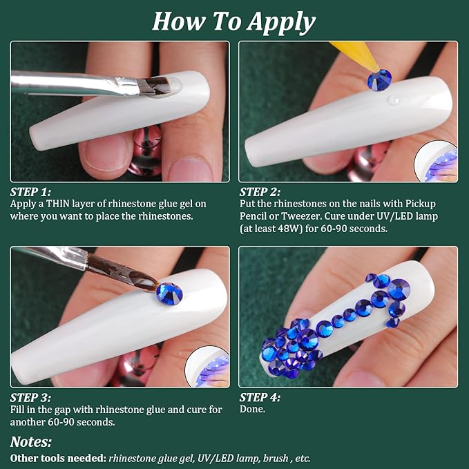 6 Sizes Royal Blue Glass Crystal Kit with Pickup Pen + Tweezer Tools for Shine Nail Art Manicure Makeup DIY Decoration Flatback Round Rhinestone Gem Jewelry Diamond
