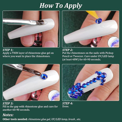 6 Sizes Royal Blue Glass Crystal Kit with Pickup Pen + Tweezer Tools for Shine Nail Art Manicure Makeup DIY Decoration Flatback Round Rhinestone Gem Jewelry Diamond