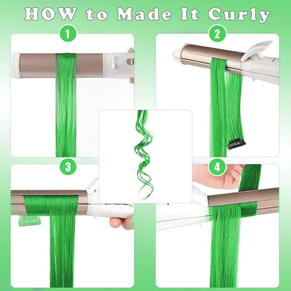 12 PCS Green Hair Extensions Clip in, 22 Inch Colored Hair Accessories Party Highlights Long Straight Synthetic Hairpieces for Women Kids Girls