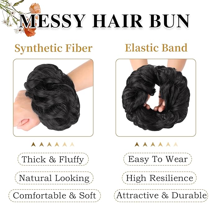 MORICA 1PCS Messy Hair Bun Hair Scrunchies Extension Curly Wavy Messy Bun Hair Synthetic Chignon Hairpieces for Women(Black)
