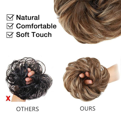 MORICA 2PCS Messy Hair Bun Extensions Curly Wavy Messy Synthetic Chignon Hairpiece Scrunchie Scrunchy Updo Hairpiece for women（Light Golden Brown & Pale Golden Blonde）