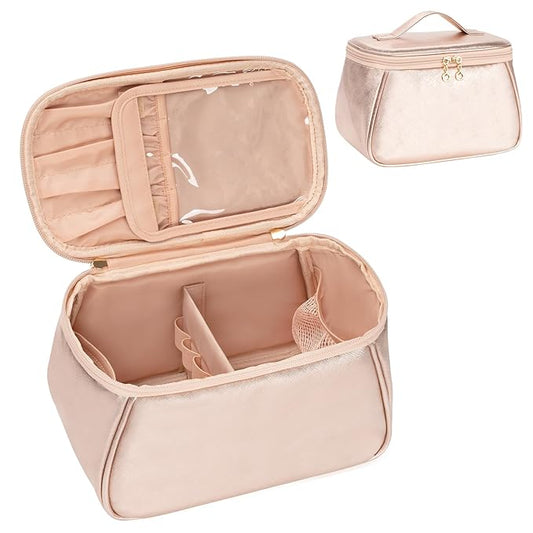 OCHEAL Large Makeup Bag, Makeup Bag Organizer Cosmetic Bags for Women Travel Travel Toiletry Bag Make Up Bag with Divider and Handle for Cosmetics Toiletries Brushes Tools Storage -Rose Gold