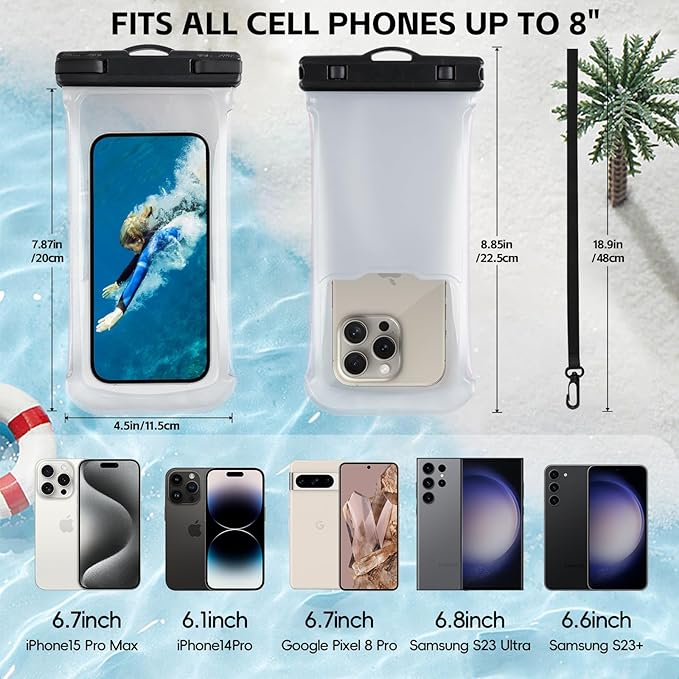 2PCS Waterproof Phone Pouch- [3D Design ], Waterproof Phone Case for iPhone 15 14 13 Pro Max Plus Galaxy Google Up to 8", Dry Bag for Beach Cruise Travel, Black/Clear