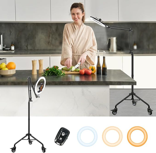 LUXSURE Ring Light Tripod for iPhone, Overhead Phone/Camera Mount with Casters,LED Ring Light with Stand and Phone Holder,Phone Tripod with Light for Video Recording/Live Streaming/Cooking