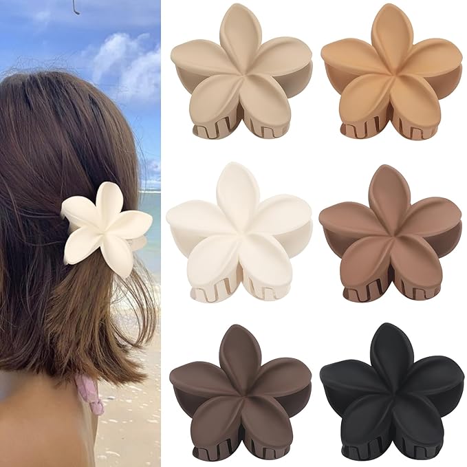 Hawaiian Plumeria Flower Claw Hair Clips - 6 Pcs Large for Thick Hair and Thin for Beach, Hair Accessories for Women and Girls - Khaki