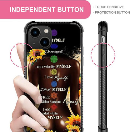 iPhone 13 Pro Max Case, Sunflower Back View Black Girl Cases, Tempered Glass Back+Soft Silicone TPU Shock Protective Case for Apple Max(6.7 inch)