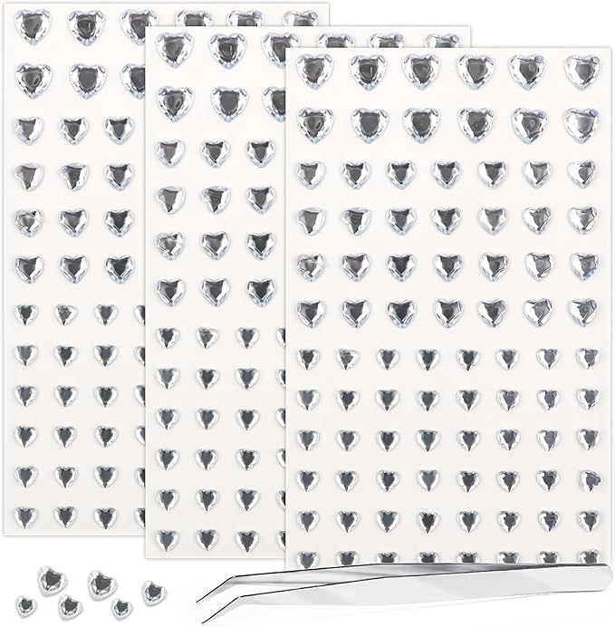 264Pcs Heart Face Gems Love Gems, Self-Adhesive Face Jewels Rhinestones 5/7/10 mm DIY Face Gems Stick on, Valentine Makeup Gems Rave Accessories for Face Eyes Hair Makeup Body, Crafts (Silver)