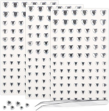 264Pcs Heart Face Gems Love Gems, Self-Adhesive Face Jewels Rhinestones 5/7/10 mm DIY Face Gems Stick on, Valentine Makeup Gems Rave Accessories for Face Eyes Hair Makeup Body, Crafts (Silver)