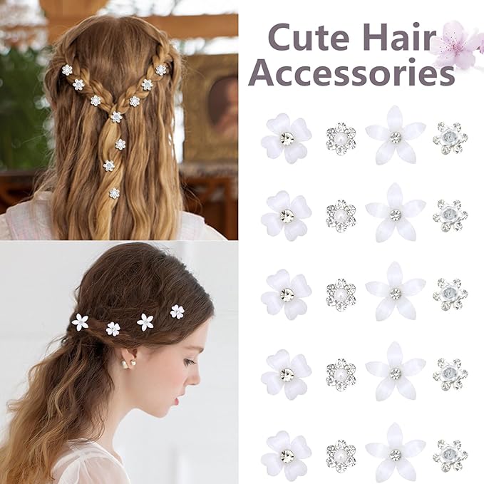 YISSION Mini Rhinestone Hair Pins - 20Pcs Cute Small Decorative Wedding & Bridal Barrettes With Flowers for Girls & Women (4 Flower Patterns)