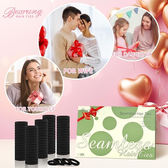 100PCS Black Hair Ties for Women Girls, Seamless Thick Black Hair Band, Elastic Hair Ties No Damage Ponytail Holder