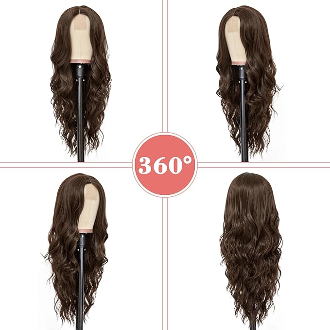 NAYOO Long Dark Brown Wavy Wig for Women 26 Inch Middle Part Curly Wavy Wig Natural Looking Synthetic Heat Resistant Fiber for Daily Party Use (Dark Brown)