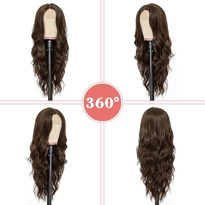 NAYOO Long Dark Brown Wavy Wig for Women 26 Inch Middle Part Curly Wavy Wig Natural Looking Synthetic Heat Resistant Fiber for Daily Party Use (Dark Brown)