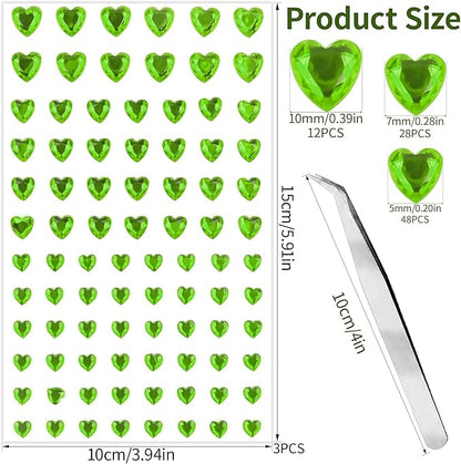 264Pcs Heart Face Gems Love Gems, Self-Adhesive Face Jewels Rhinestones 5/7/10 mm DIY Face Gems Stick on, Valentine Makeup Gems Rave Accessories for Face Eyes Hair Makeup Body, Crafts (Green)