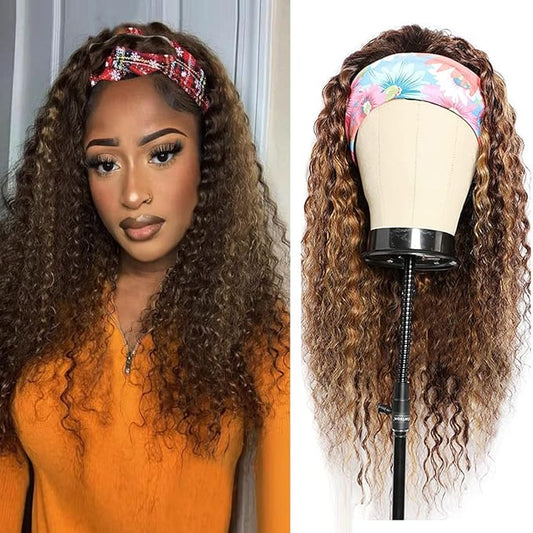 Ombre Honey Blonde Wig 4/27 Highlight Headband Human Hair Deep Wave Curly Colored 26 Inches