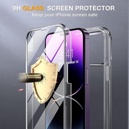 Miracase Glass Series for iPhone 14 Pro Case 6.1 Inch, Full-Body Clear Bumper Case with Built-in 9H Tempered Glass Screen Protector with Camera Lens Protectors, (Clear)