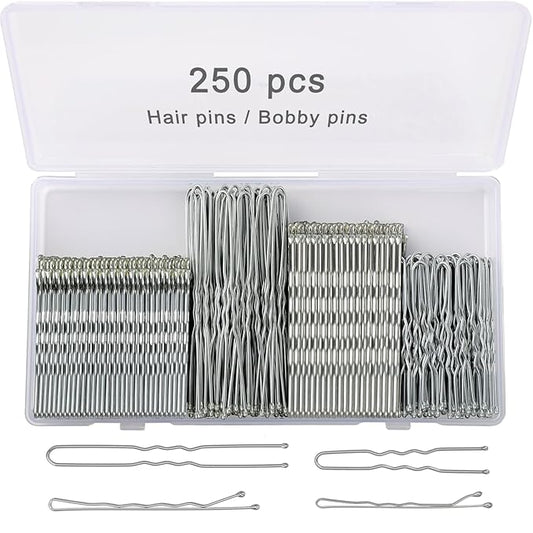 250 Pcs Hair Pins Silver Bobby Pins for Gray White Hair, Wavy Bobby Pins 2inch 2.4inch, U Shaped Silver Hair Pin for Buns 2inch 2.8inch, Suitable for All Hair Types, Hair Pins Kit for Women Girls Kids