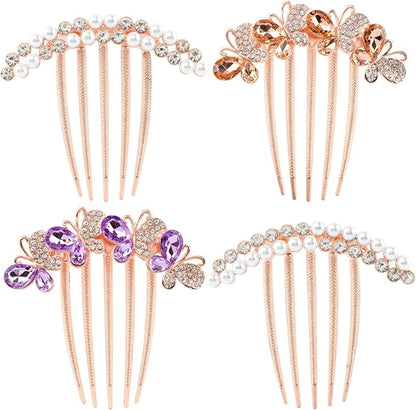 4 Pcs Pearl Rhinestones Hair Accessories, Pearl Hair Side Combs Clip Crystal Rhinestone Hair Combs for Women and Girls, Decorative Combs for Wedding Party Daily (Rose Gold)