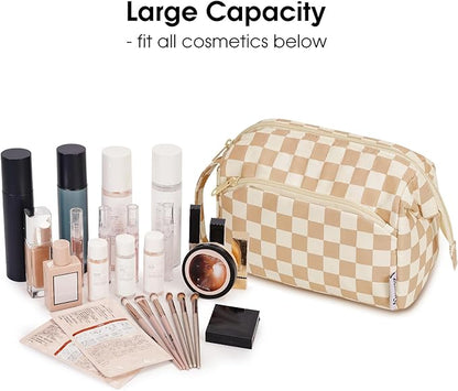 Narwey Large Checkered Makeup Bag Women Wide-open Make up Bag Travel Cosmetic Bag Organizer Toiletry Bag for Cosmetics Toiletries Accessories (Light Checkerboard)