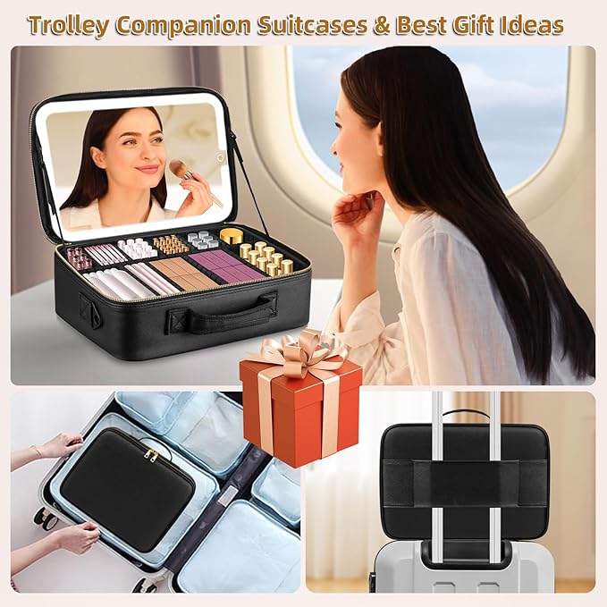 15''X11'' Large Makeup Bag with Removable Lighted Mirror, Professional Travel Makeup Train Case PU Leather Cosmetic Make up Organizer with Adjustable Dividers & Brush Storage Board