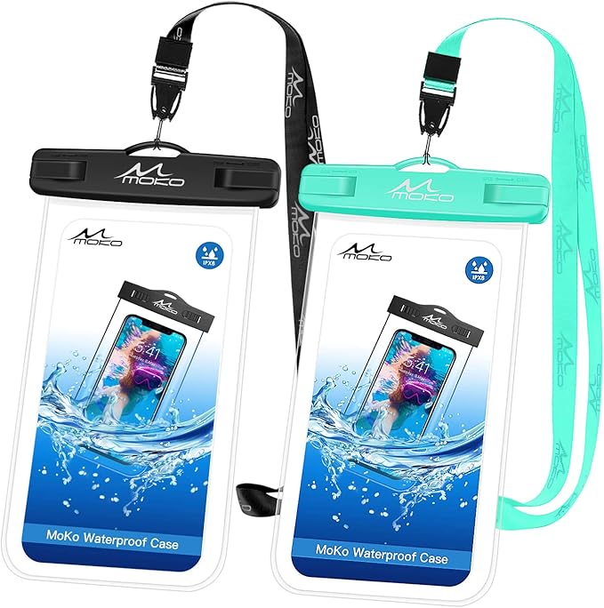 MoKo Waterproof Phone Pouch 2Pack, Underwater Phone Case Dry Bag with Lanyard Compatible with iPhone 16 14 13 12 11 Pro Max X/Xr/Xs Max/SE 3, Galaxy S21/S10/S9, Note 10/9/8, Black+Mint Green