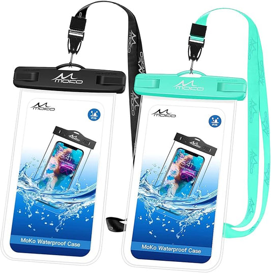 MoKo Waterproof Phone Pouch 2Pack, Underwater Phone Case Dry Bag with Lanyard Compatible with iPhone 16 14 13 12 11 Pro Max X/Xr/Xs Max/SE 3, Galaxy S21/S10/S9, Note 10/9/8, Black+Mint Green