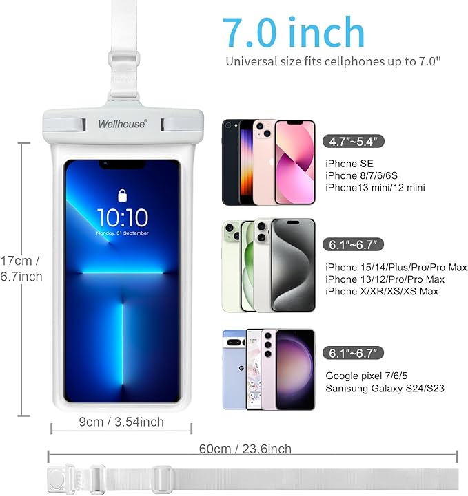 wellhouse Waterproof Phone Pouch, Waterproof Phone Case for iPhone 16 15 14 13 12 Pro Max XS Samsung, IPX8 3D Cellphone Dry Bag Beach Essentials (2 Pack - Black & White7.0, 7 inch)
