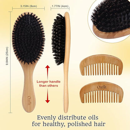 100% Boar Bristle Hair Brush - Natural Bamboo Hair Brush for Men & Women, Promotes Hair Growth, Includes Travel Bag & Cleaner