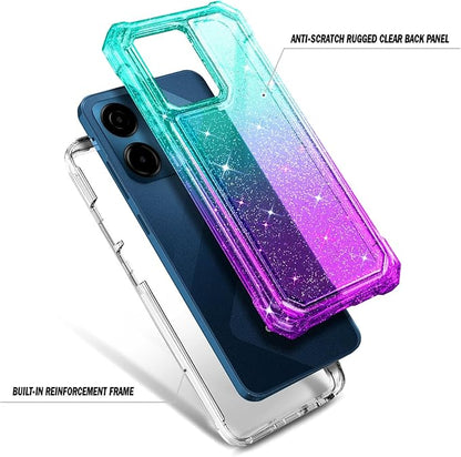 for Cricket Magic 2 5G Case (2024), AT&T Propel 2 5G with [Built-in Screen Protector], [9FT Military Grade Drop Tested] Full-Body Protective Shockproof Bumper Case (Glitter Aqua/Purple)