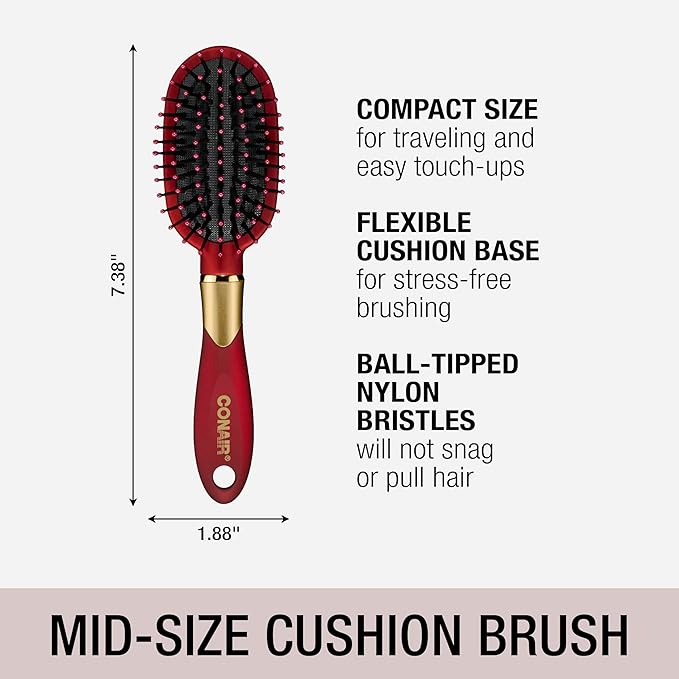 Conair Velvet Touch hairbrush set - Travel hair brush - suitable for curly or straight styles - features soft touch handle with bonus headband - Red/Black
