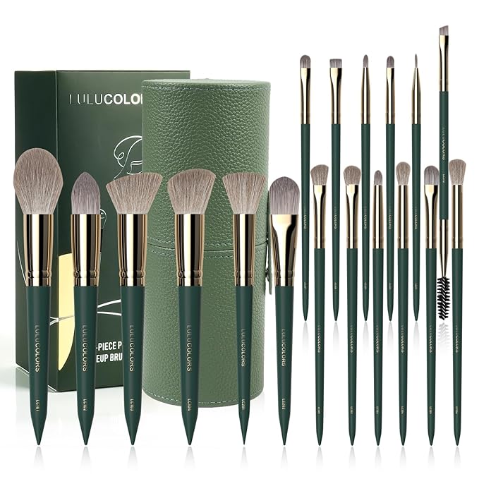 18-Piece Makeup Brush Set with Holder Case – Complete Makeup Brush Collection for Flawless Makeup Application -Soft Bristles (Green)