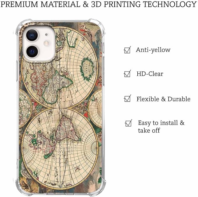 Case for iPhone 12/12 Pro with Retro Art Design,Aesthetic Vintage World Map Pattern,Trendy Soft TPU Bumper Phone Cover(12,Map)
