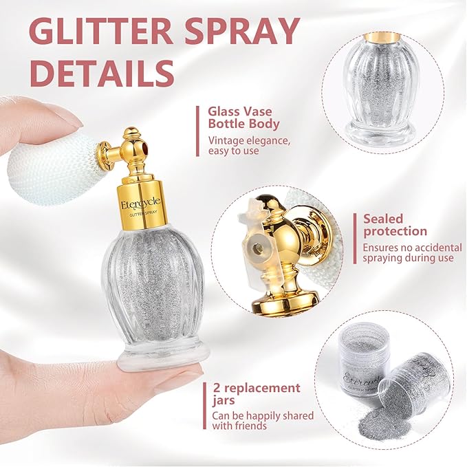 Etercycle Body Glitter Spray, Silver Hair Glitter Shimmer Sparkle Powder, Extra Fine Face Body Shimmer Cosmetic Glitter Makeup for Rave Clothes Nail Art Easter Halloween Crafts