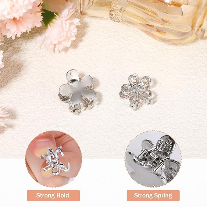 12PCS Small Metal Hair Claw Clips, Silver Mini Hair Clips for Thin Thick Hair, Cute Tiny Hair Clips, Little Flower Hair Jaw Clamps, Nonslip Bangs Pins Hair Accessories for Women Girls