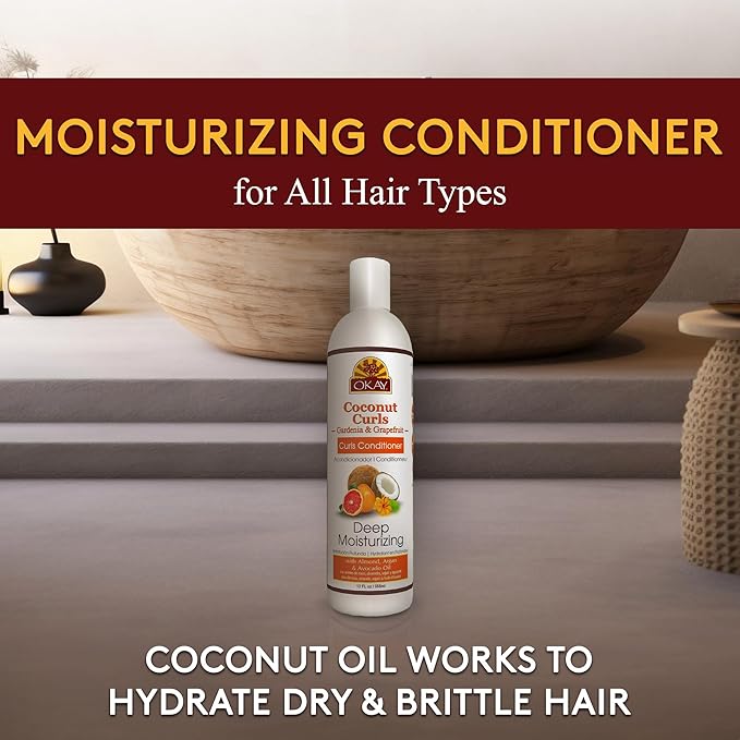 OKAY Coconut Curls Gardenia&Grapefruit Conditioner Helps Moisturize,Hydrate,and Define Curls Sulfate,Silicone,Paraben Free For All Hair Types and Textures Made in USA 12oz