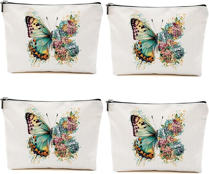 4PCS Aesthetic Butterfly Floral Makeup Bag Flowers Butterfly Gifts Cosmetic Bags for Women Girls, Aesthetic Zipper Pouch Travel Toiletry Bag Friend Gifts for Sisters Bestie Girlfriend