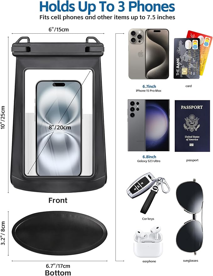 2L Waterproof Phone Pouch for Cruise Essentials 2024 Women, Large Space Waterproof Bag, Adjustable Lanyard Dry Bag for Family Vacations, Beach, Cruises Ship for 3 Phones iPhone Galaxy - Black
