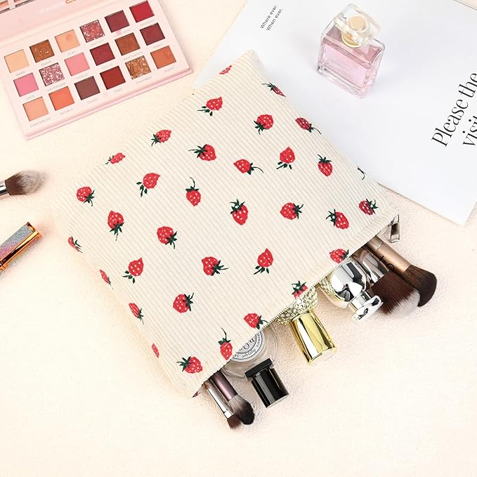 2 Pcs Cute Makeup Bag Large Cosmetic Bag Toiletry Bag Makeup Pouch Travel Bag Organizer Cute Makeup Brushes Aesthetic Accessories Storage Bag for Women Strawberry Pink Beige