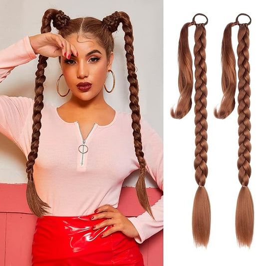2 Pack Long DIY Braided Ponytail Extension with Hair Tie Straight Wrap Around Hair Extensions Ponytail(30#)