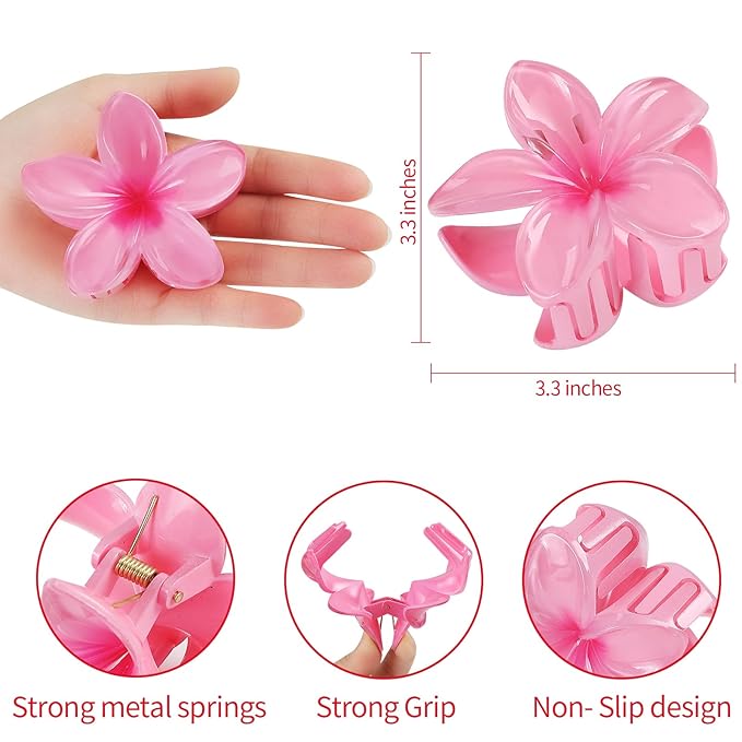 Hawaiian Plumeria Hair Accessories - 6 Pack Large Claw Clips for Thick and Thin Hair, Beach Tropical Hair Clips for Women and Girls -Hawaiian