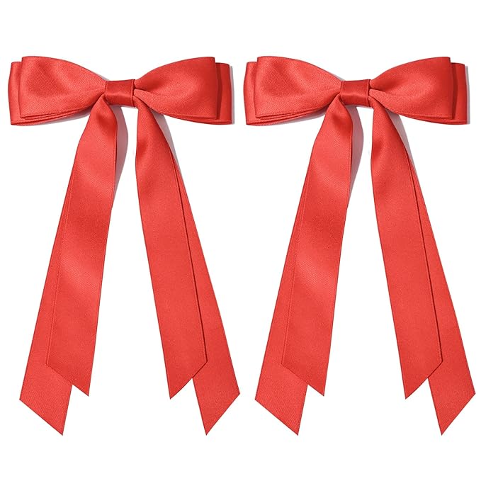 2PCS Silky Satin Hair Bows Hair Clip Red Hair Ribbon Ponytail Holder Accessories Slides Metal Clips Hair Bow for Women Girls Toddlers Teens Kids