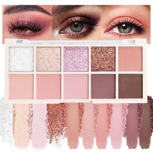 Ten Color Matte Shimmer Eyeshadow Makeup Palette,White Champagne Gold Rose Gold & Nude Pink Plum Dark Brown 10Color Series Powder Eye Shadow,Daily Makeup Eyeshadow,Easy to Carry,Vegan&Cruelty-Free 01#