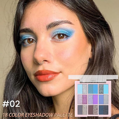 18Colors Blue Purple Gray Colorful Eyeshadow Palette Makeup,Light Blue Glitter Sparkly Highly Pigmented Smoked Eye Shadow Long Lasting Waterproof Naturing-Looking Blendable for Beginners