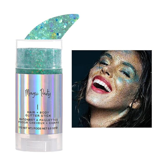 Holographic Flash Stick, Holographic Glitter Cosmetics-Body, Face, Eyes, Hair, Nail Makeup, Colorful Stage Makeup，Party Carnival Shining Glitter， Festival Loose Glitter Set (04# Green)