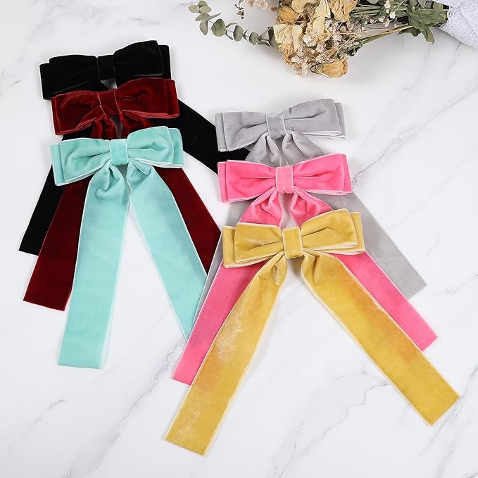 6PCS Velvet Hair Ties, Bow Hair Clips for Women, Back to School Gifts Headdress Decor, Hair Band Set, Baby Teen Girl Stuff Hair Styling Accessories (Mixed Colors)