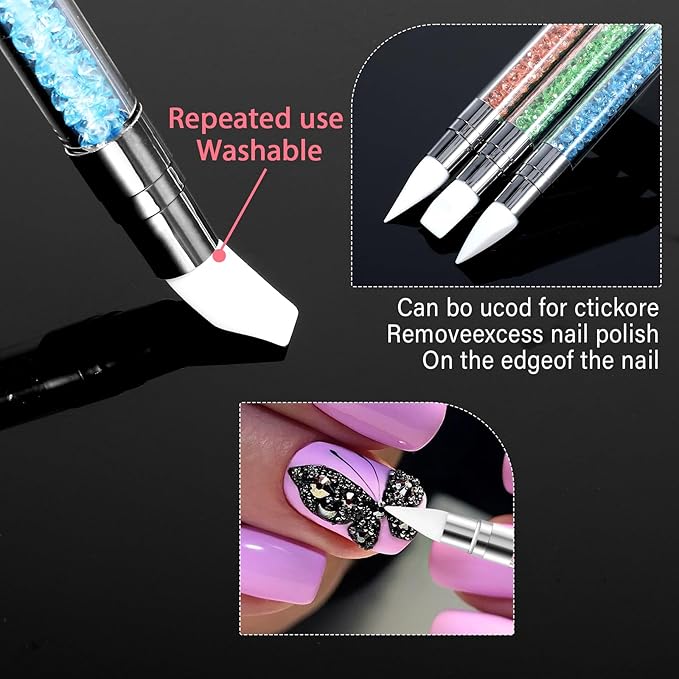 3 Pcs Nail Art Sculpture Pen, Dual Tipped Silicone Nail Tools, Silicone Head Acrylic Handle Nail Art Brushes for Design Nail Foil Carving Drawing Effect Shaping Drawing (Blue, Green, Orange)