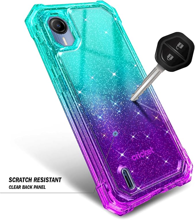 Designed for Cricket Debut S2, AT&T Calypso 4 Case with [Built-in Screen Protector] [6FT Military Grade Drop Tested] Full-Body Protective Shockproof Bumper Case (Glitter Aqua/Purple)