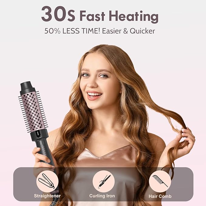 1.5 Inch Thermal Brush Blowout with 5 Temp Settings, Universal Voltage Hair Curling Iron, Ceramic Ionic Thermal Round Curling Brush Suitable for Medium and Long Hair, Rose Gold