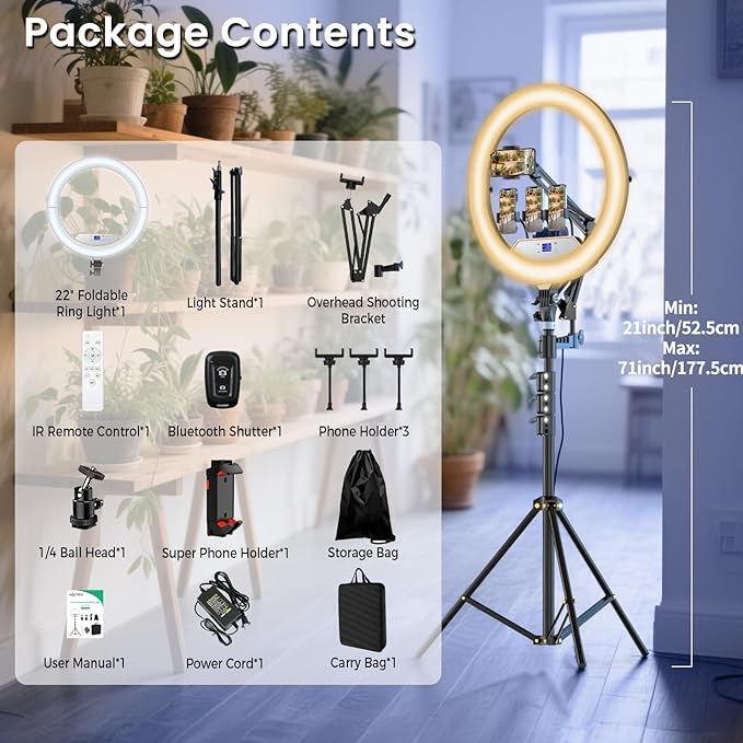 22" Foldable Large Ring Light with Stand for iPhone iPad,75" Tripod with Overhead Shooting Bracket 50W 6500K 4 Clips/LCD Display/2 USB PortsTattoo Barber Makeup Studio Video Photography Lighting
